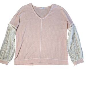 Saints and Hearts Long Sleeve‎ Pink Waffle Knit and Lace Size: M EUC